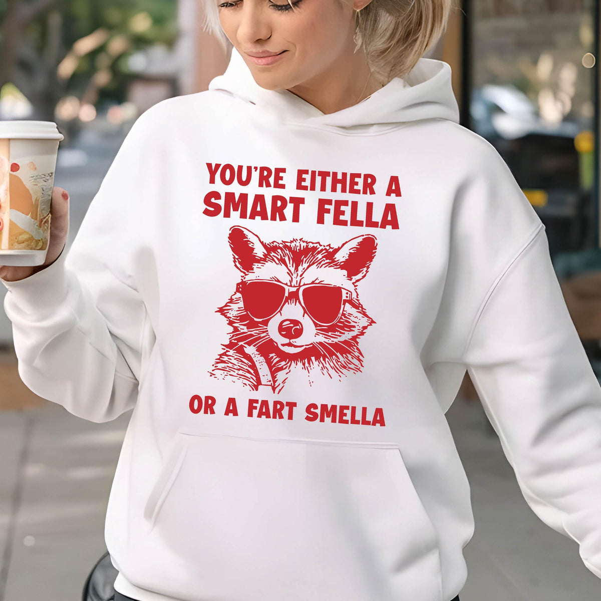 May include: White hooded sweatshirt with red text that reads "You're either a smart fella or a fart smella" and a cartoon raccoon wearing sunglasses.