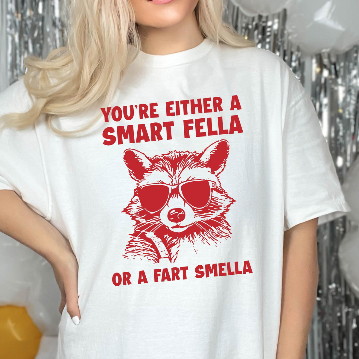 May include: White t-shirt with red text that reads "You're either a smart fella or a fart smella" and a cartoon raccoon wearing sunglasses.