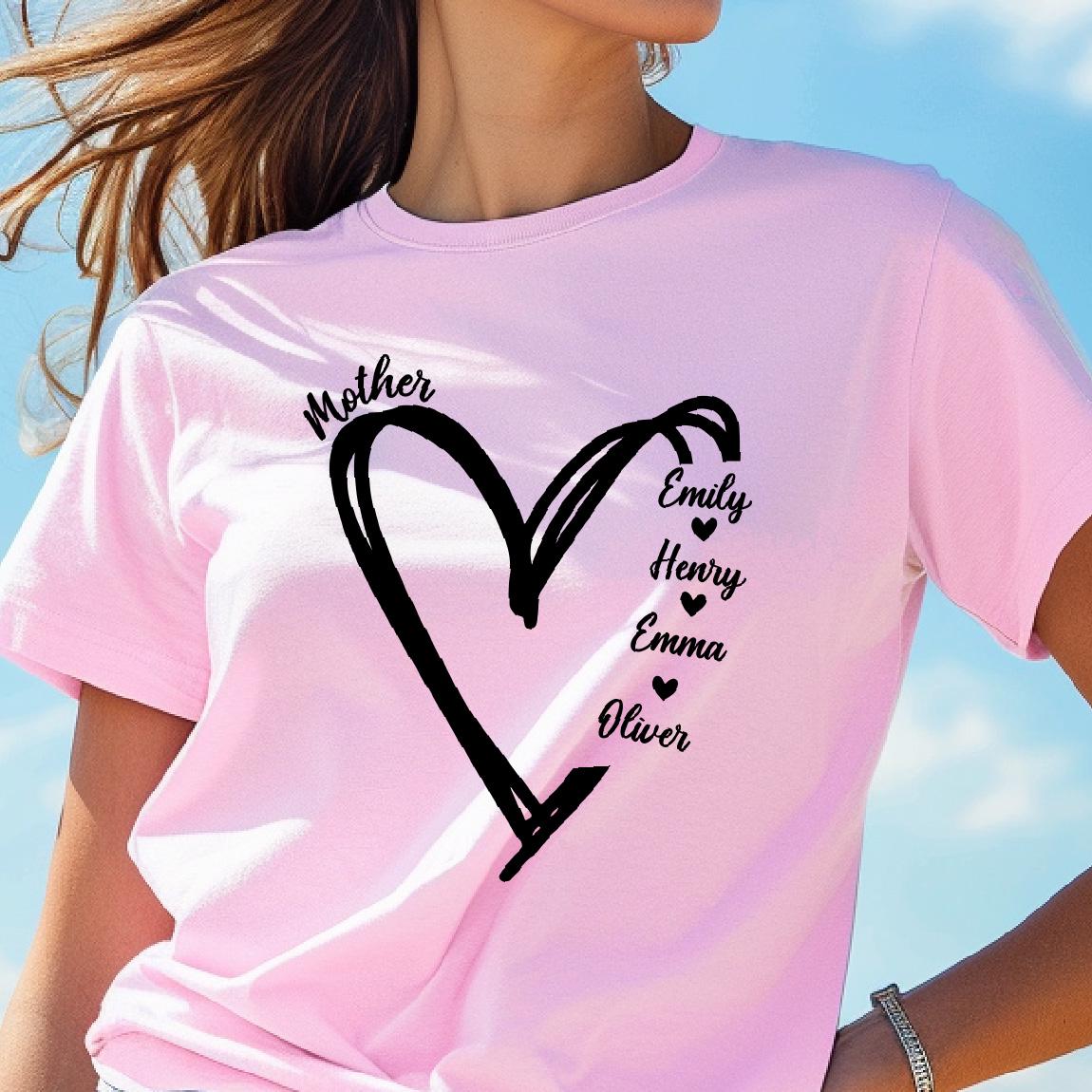May include: Pink t-shirt with a black heart design and the word "Mother" above it. Inside the heart are the names "Emily", "Henry", "Emma", and "Oliver" with a small heart symbol next to each name.