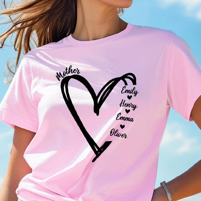 May include: Pink t-shirt with a black heart design and the word "Mother" above it. Inside the heart are the names "Emily", "Henry", "Emma", and "Oliver" with a small heart symbol next to each name.