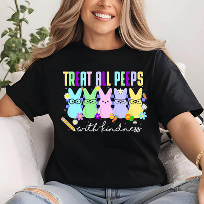 May include: Black t-shirt with a graphic of five colorful Peeps with glasses and the text "Treat all peeps with kindness".