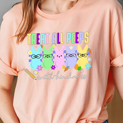 May include: A pink t-shirt with a graphic of five pastel-colored peeps wearing glasses and the text "Treat all peeps with kindness".