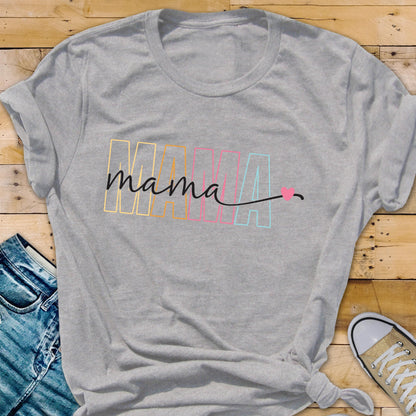 May include: Gray t-shirt with the word "mama" in rainbow colors and a small pink heart.