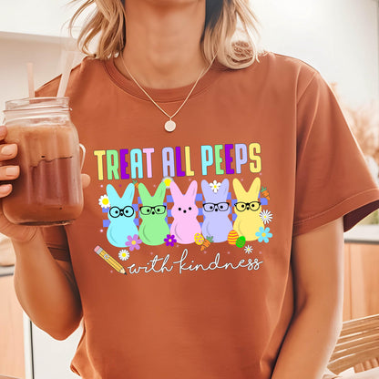 May include: Brown t-shirt with a graphic of five cartoon peeps wearing glasses and the text "Treat all peeps with kindness".