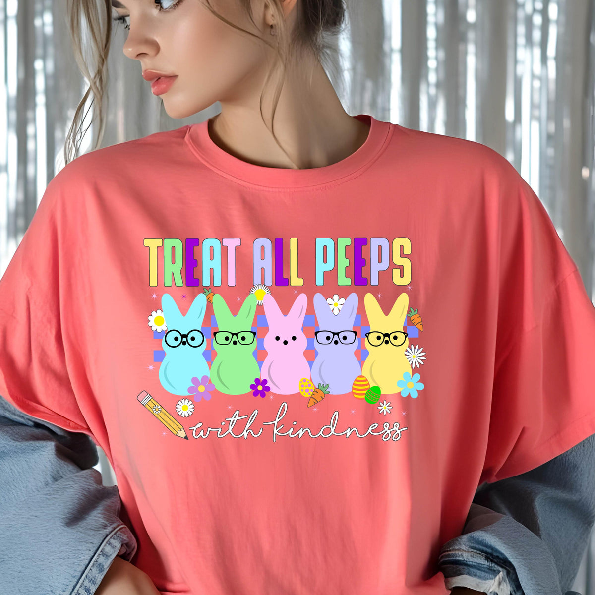 May include: A pink t-shirt with a graphic of five pastel-colored Peeps wearing glasses and the text "Treat all peeps with kindness".