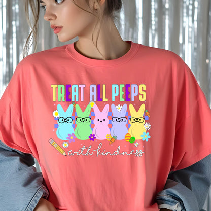 May include: A pink t-shirt with a graphic of five pastel-colored Peeps wearing glasses and the text "Treat all peeps with kindness".