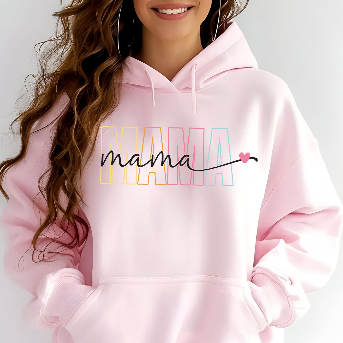 May include: Pink hooded sweatshirt with the word "mama" in rainbow colors and a small pink heart.