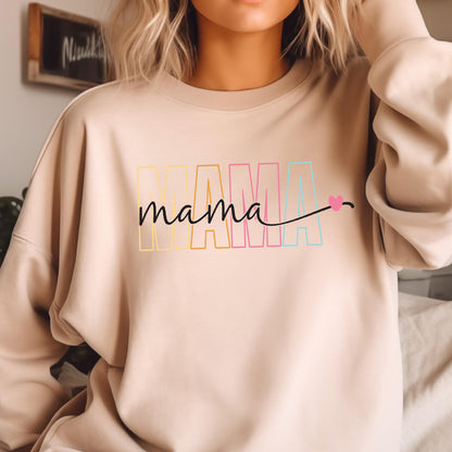 May include: A light beige sweatshirt with the word "MAMA" in rainbow colors and the word "mama" in black cursive script with a small pink heart.
