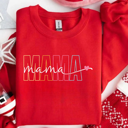 May include: Red sweatshirt with the word "MAMA" in rainbow colors and a small pink heart.