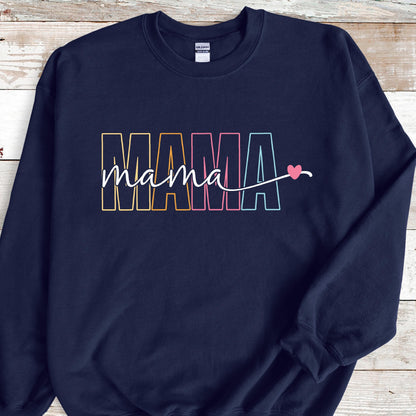 May include: Navy blue sweatshirt with the word "MAMA" in rainbow colors and the word "mama" in white script with a pink heart.