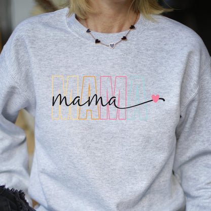 May include: Gray sweatshirt with the word "mama" in rainbow colored letters with a small pink heart.