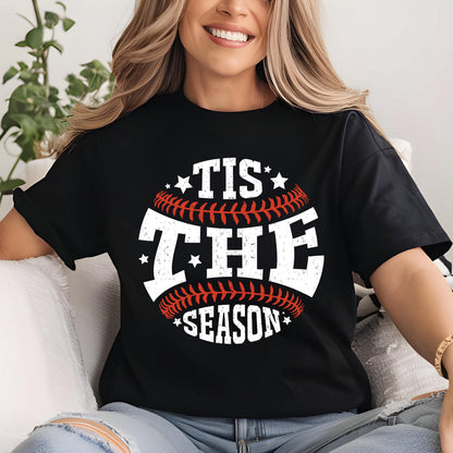 May include: Black t-shirt with a white baseball graphic and the text "Tis the Season" in white.