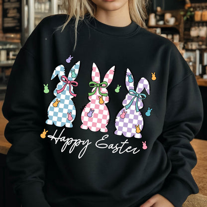 May include: Black sweatshirt with a graphic of three checkered Easter bunnies and the text "Happy Easter".
