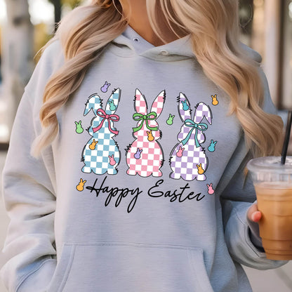 May include: A light gray hoodie with a graphic of three checkered Easter bunnies and the text "Happy Easter".