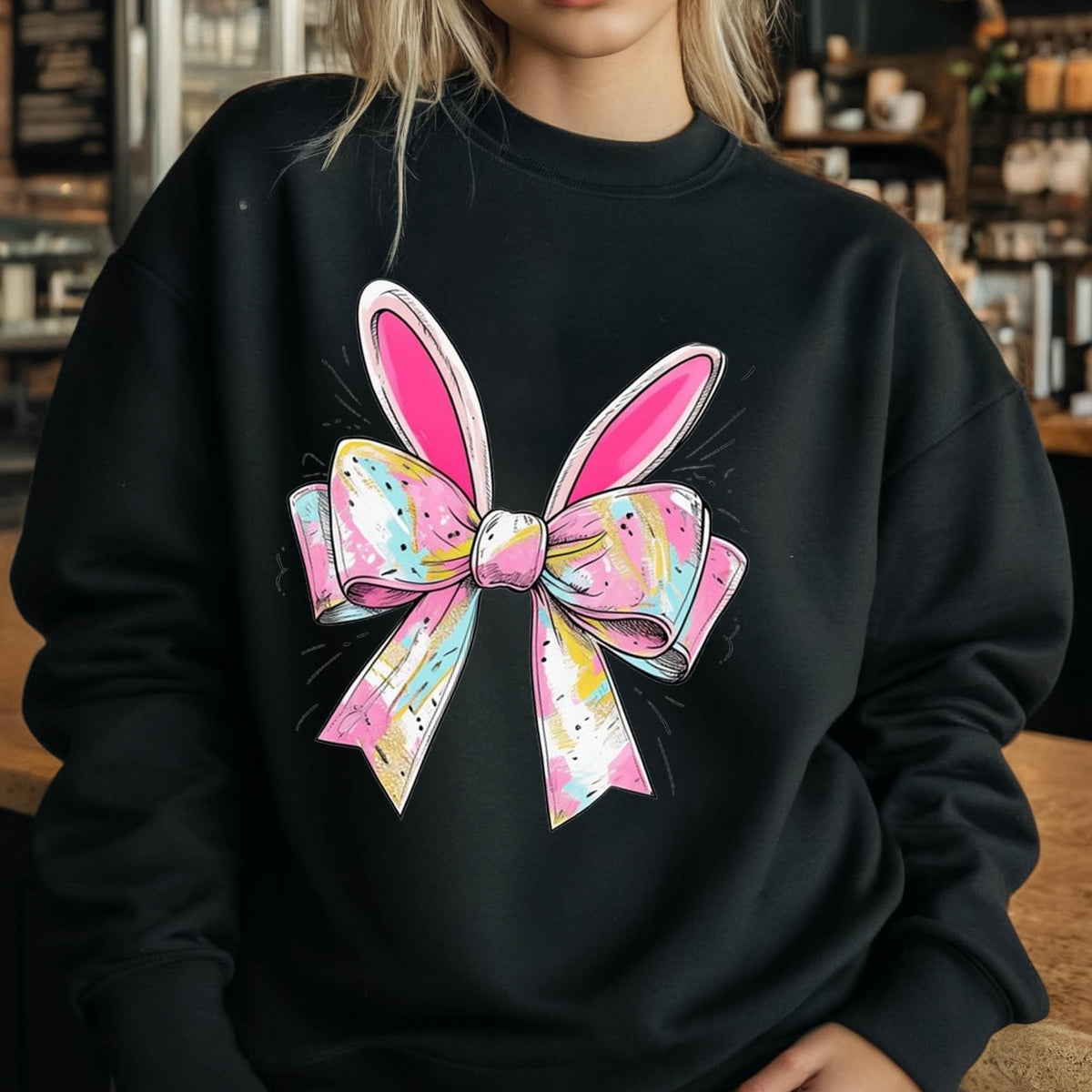 May include: Black sweatshirt with a pink and white bow with bunny ears. The bow has a marbled pattern.
