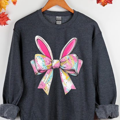 May include: A dark gray sweatshirt with a pink and white bow with bunny ears on the front.