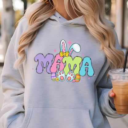 May include: A light gray hoodie with a colorful graphic of the word "MAMA" with bunny ears and Easter eggs. 