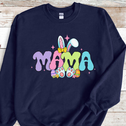 May include: Navy blue sweatshirt with a colorful graphic of the word "MAMA" with bunny ears and Easter eggs.