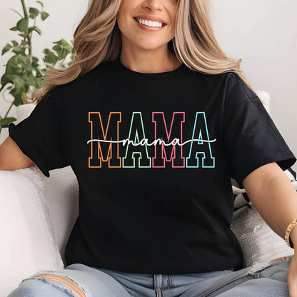 May include: Black t-shirt with a rainbow colored "MAMA" graphic with the word "mama" written in cursive underneath.