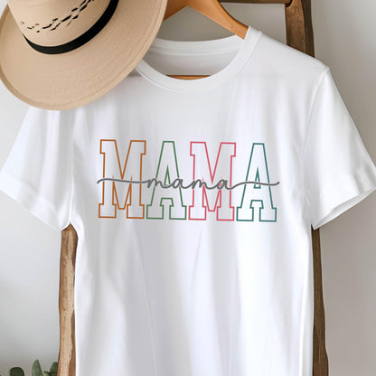May include: White t-shirt with the word "MAMA" in colorful block letters with a handwritten "mama" underneath.