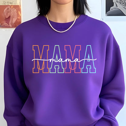 May include: Purple sweatshirt with a rainbow colored "MAMA" graphic and the word "mama" written in cursive underneath.