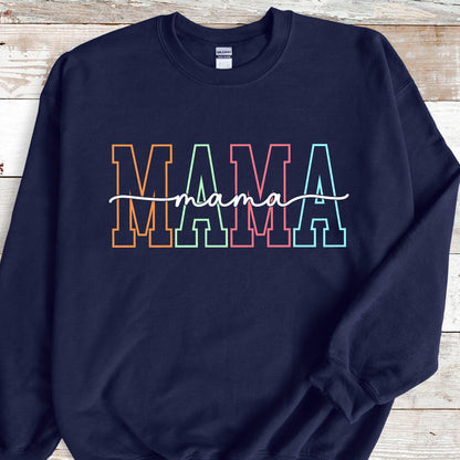 May include: Navy blue sweatshirt with the word "MAMA" in rainbow colors and the word "mama" written in cursive underneath.