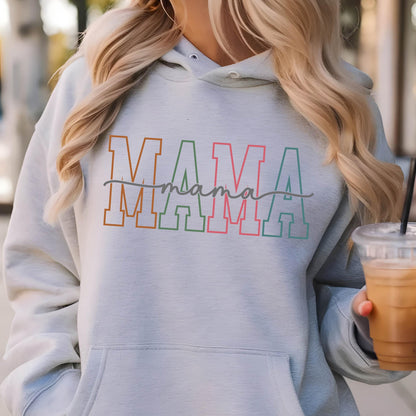 May include: A light gray hoodie with a colorful "MAMA" graphic and the word "mama" written in cursive underneath. 