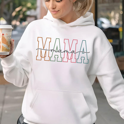 May include: White hooded sweatshirt with the word "MAMA" in colorful block letters and the word "mama" written in cursive underneath.