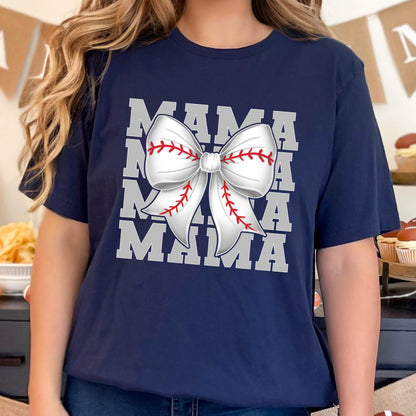 May include: Navy blue t-shirt with a white baseball-themed bow and the text "MAMA" repeated four times.
