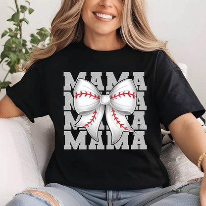 May include: Black t-shirt with a white baseball-themed bow and the text "MAMA" repeated four times in gray.