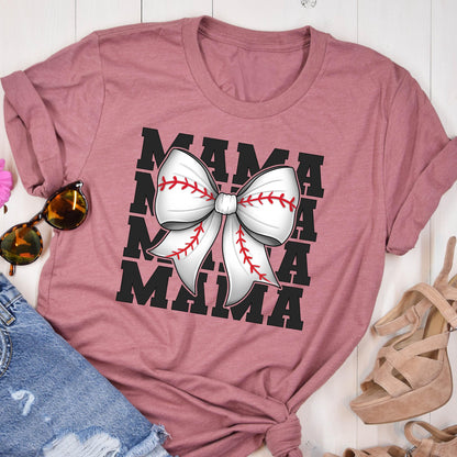May include: A pink t-shirt with a black graphic of the word "MAMA" repeated four times. A white baseball-themed bow is centered on the graphic.