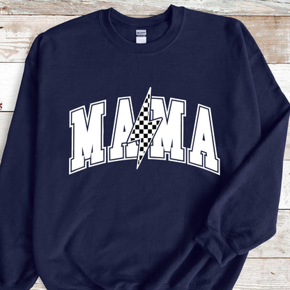 May include: Navy blue sweatshirt with a white "MAMA" graphic featuring a checkered lightning bolt design.