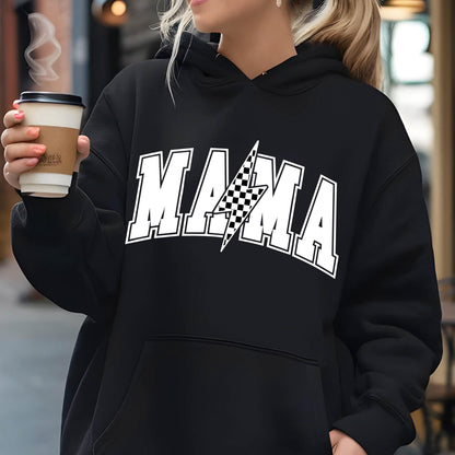 May include: Black hooded sweatshirt with a white graphic of the word "MAMA" with a checkered lightning bolt design.