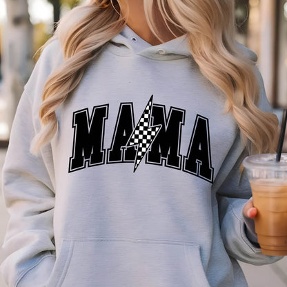 May include: A gray hoodie with a black and white checkered lightning bolt graphic and the word "MAMA" in black block letters.