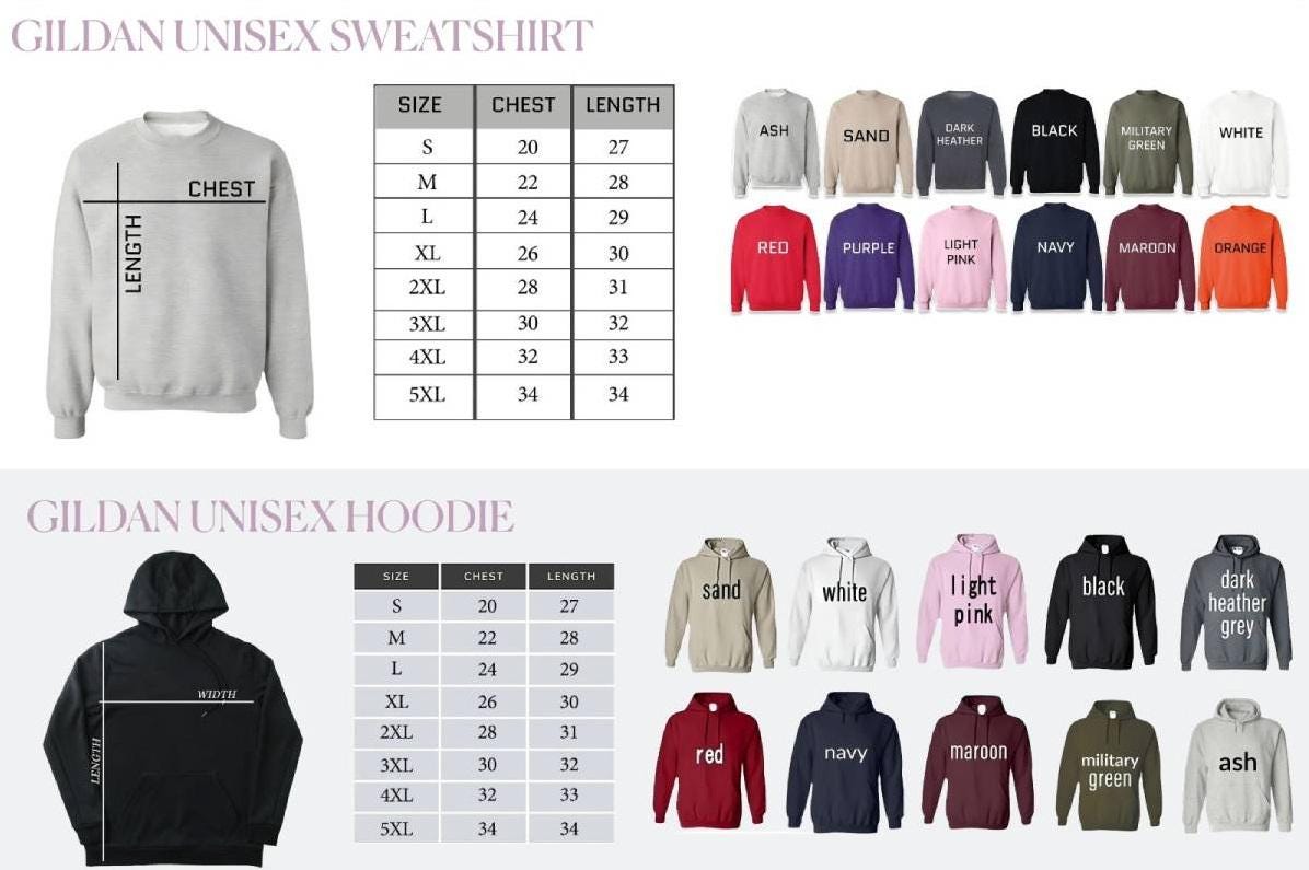 May include: Image of Gildan unisex sweatshirts and hoodies in various colors, including ash, sand, and black. Size charts show chest and length measurements in inches. The hoodies have a hood and the sweatshirts have a crew neck.