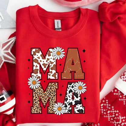 May include: Red sweatshirt with the word "MAMA" in white letters with a cow print, leopard print, and floral design.