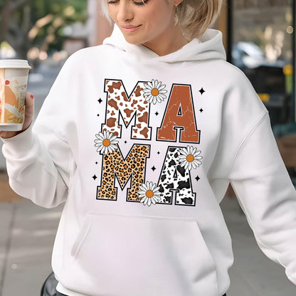 May include: White hoodie with a graphic print of the word "MAMA" in brown, black, and white animal print letters. The letters are surrounded by white daisies.