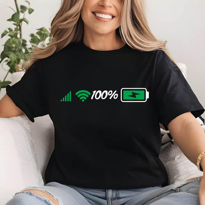 May include: Black t-shirt with a white graphic of a wifi signal, 100%, and a green battery icon with a lightning bolt.