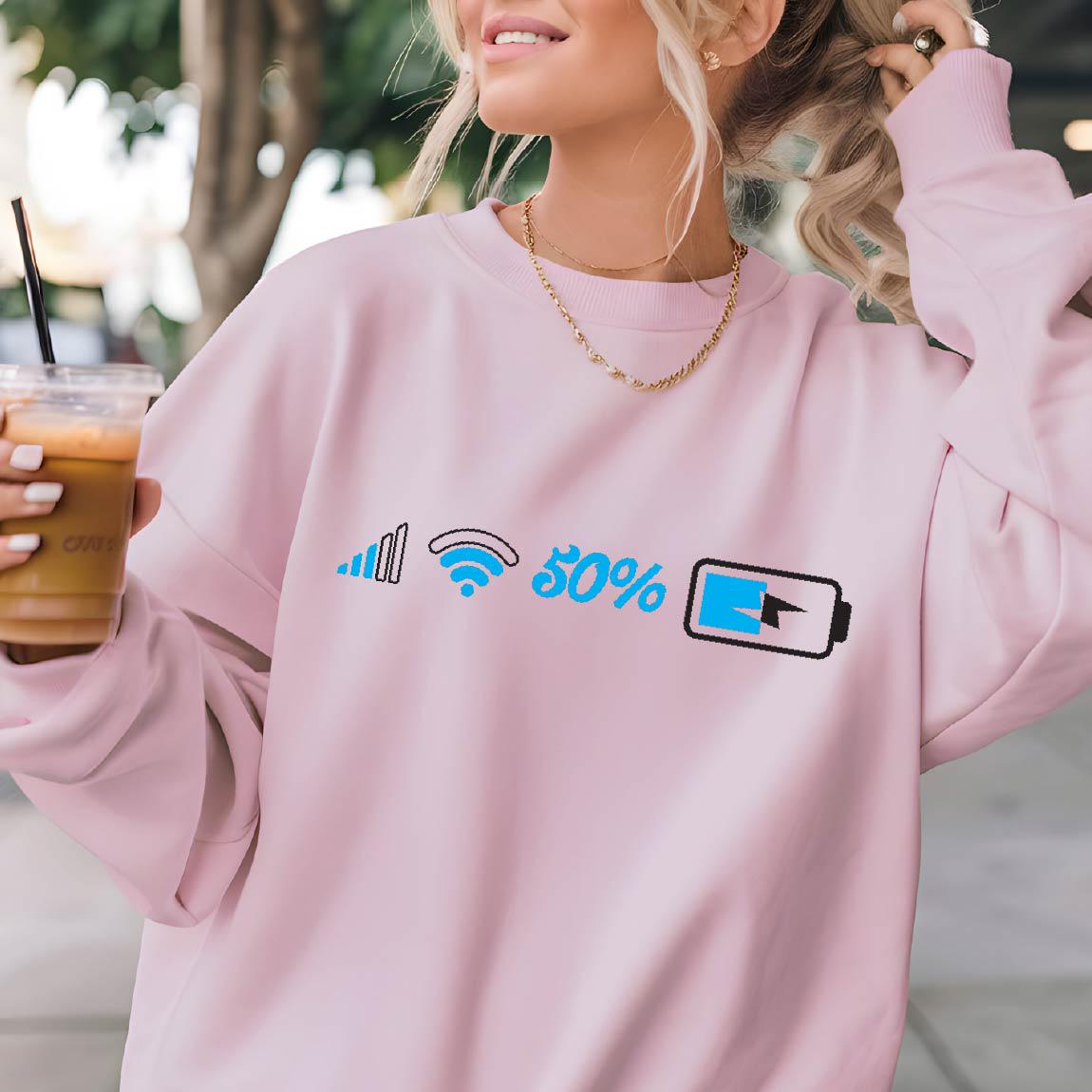May include: A pink sweatshirt with a blue graphic of a wifi signal, volume bars, a battery icon, and the text "50%".