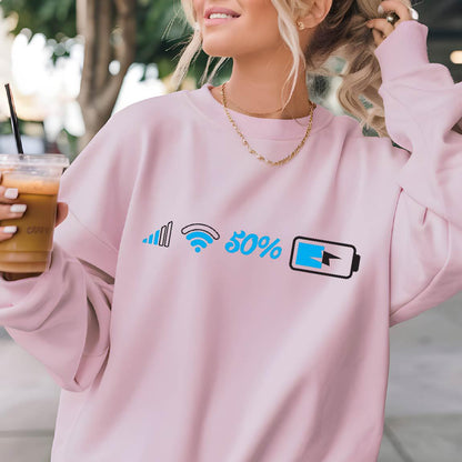 May include: A pink sweatshirt with a blue graphic of a wifi signal, volume bars, a battery icon, and the text "50%".