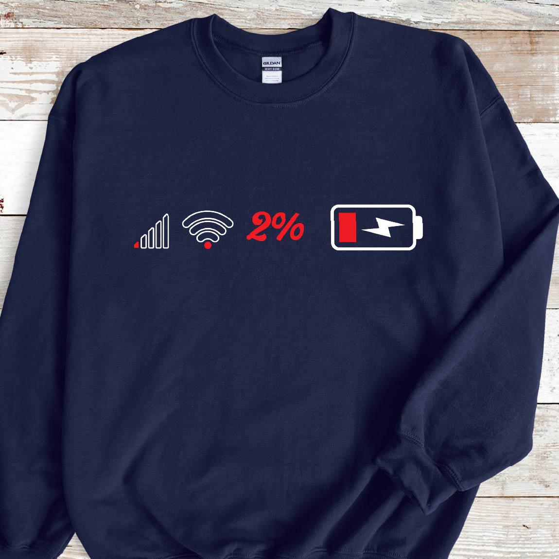 May include: Navy blue sweatshirt with a white graphic of a low signal bar, a wifi symbol, the number 2%, and a low battery icon with a lightning bolt.