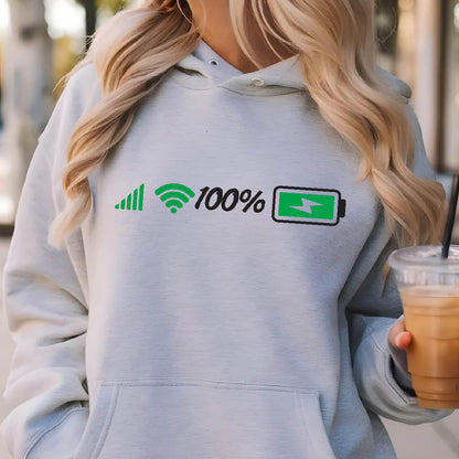 May include: A gray hoodie with a graphic of a signal bar, wifi symbol, the number 100%, and a battery icon with a lightning bolt inside. The battery icon is green and the lightning bolt is black.