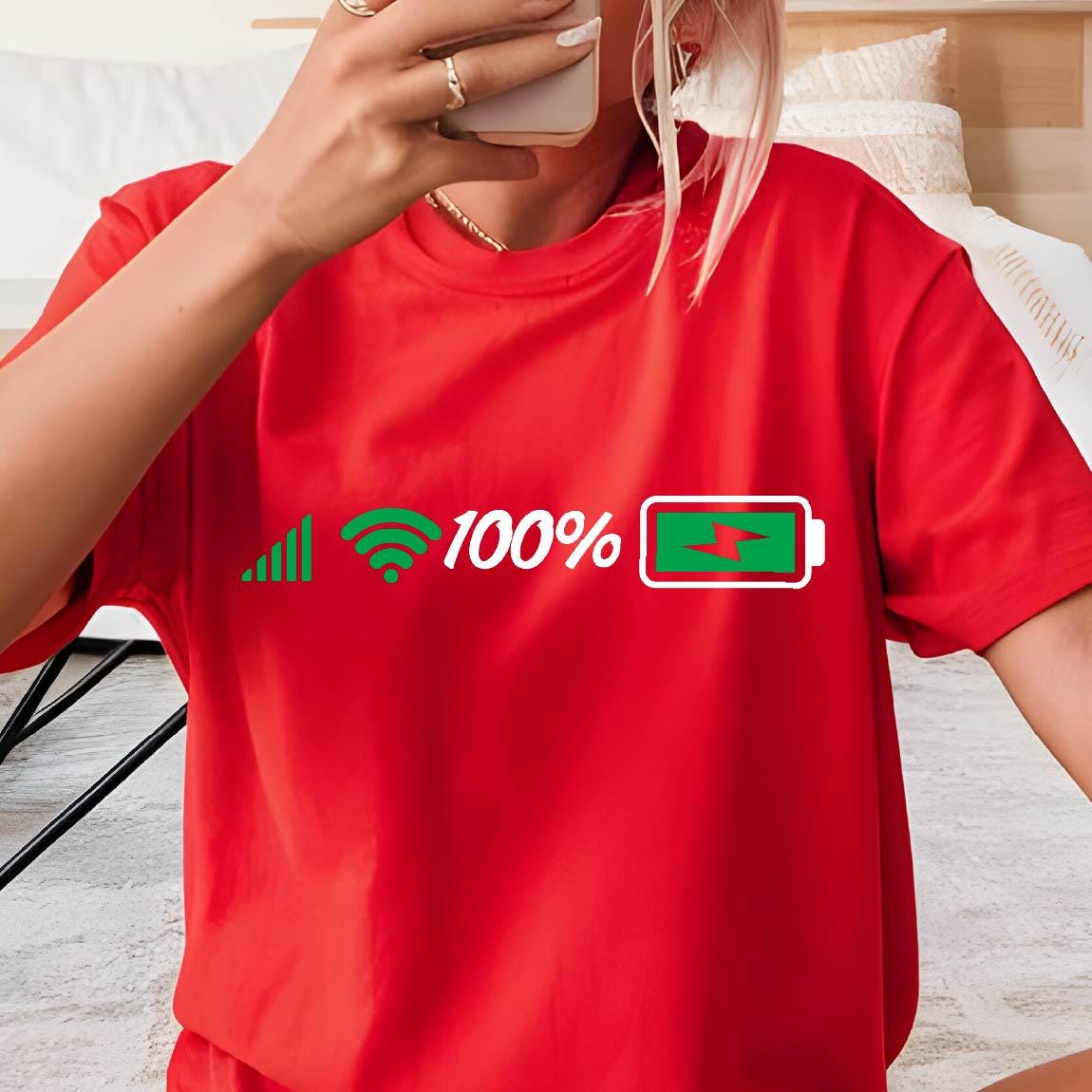May include: Red short-sleeved t-shirt with a white graphic of a wifi signal, 100%, and a battery icon with a lightning bolt.