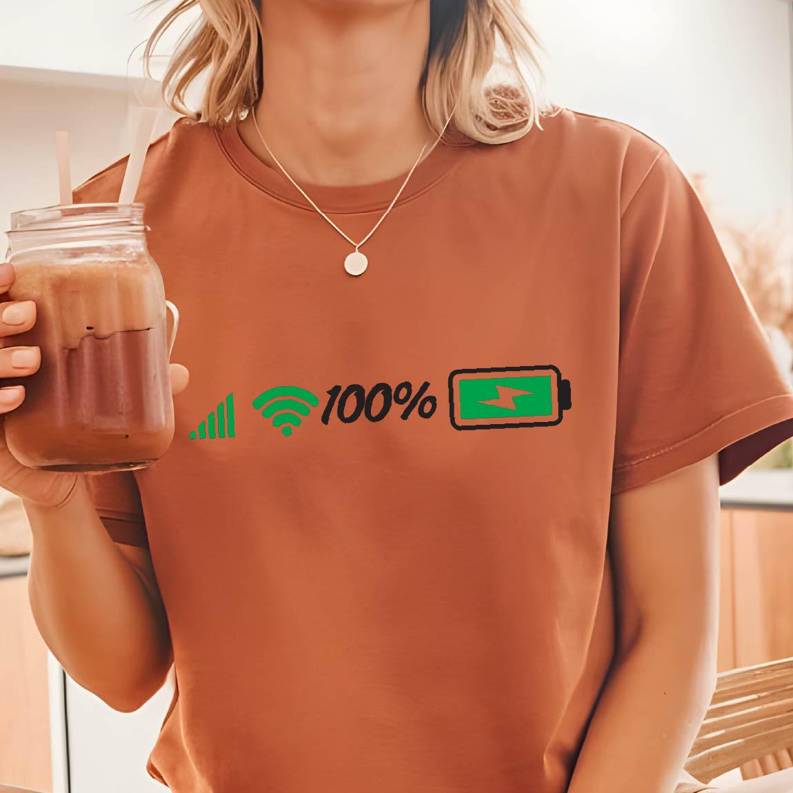 May include: A brown t-shirt with a green wifi signal, the text "100%", and a green battery icon with a lightning bolt inside.