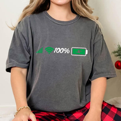 May include: A dark gray t-shirt with a white graphic of a wifi signal, the text "100%", and a battery icon with a green fill.