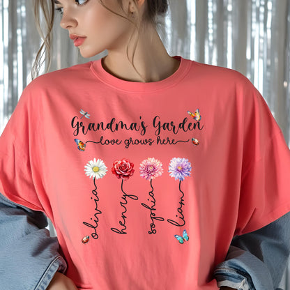May include: A pink t-shirt with the text "Grandma's Garden - love grows here" and four flowers with names Olivia, Henry, Sophia, and Liam written underneath.