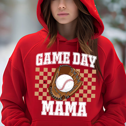 May include: Red hooded sweatshirt with a white checkered background, a baseball glove with a baseball inside, and the text "GAME DAY MAMA".
