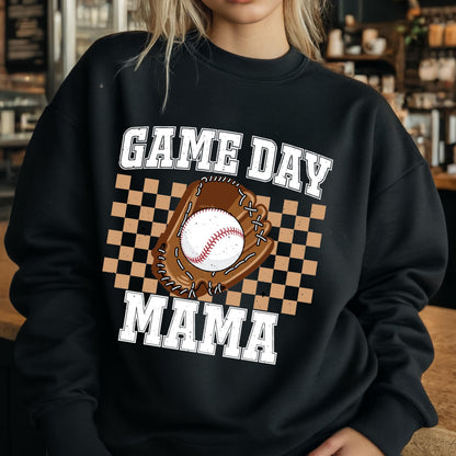 May include: Black sweatshirt with a white graphic of a baseball glove and ball with the text "GAME DAY MAMA" in white.