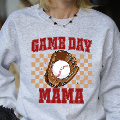 May include: Gray sweatshirt with the text "GAME DAY MAMA" in red letters. A baseball and glove are in the center of the text, with a checkered background.