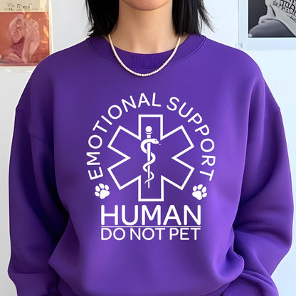 May include: Purple sweatshirt with a white graphic of a medical symbol, the words "Emotional Support Human Do Not Pet", and paw prints.